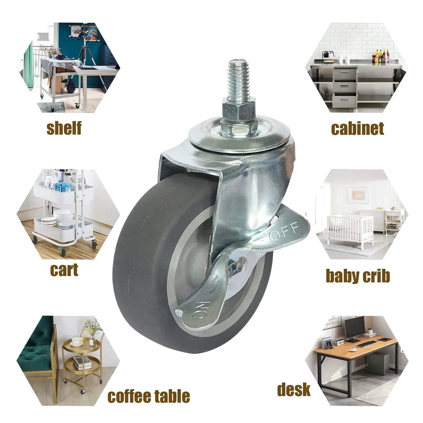 Set Of Four 3 Inch Caster Wheels With Locking Brakes, Rubber Heavy Duty Casters For Workbenches, Carts, Furniture, Dolly, And Trolley, M10 X 1.5 Threaded Stem, Industrial Swivel Castors With 360 Degree Rotation, showing one wheel with brake lever and threaded stem.