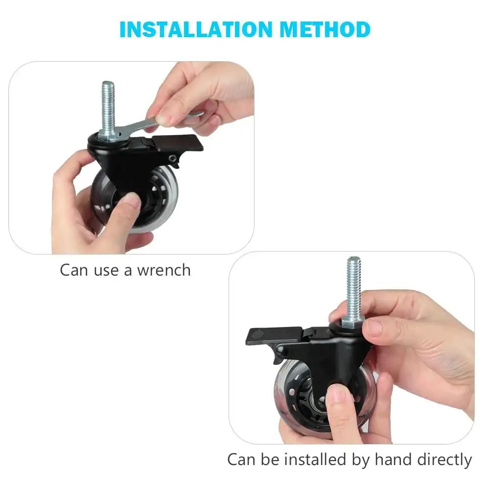Installation method for Three Eighths Inch 16 UNC Threaded Stem Locking Swivel Caster Set Of Four; hand and wrench shown.