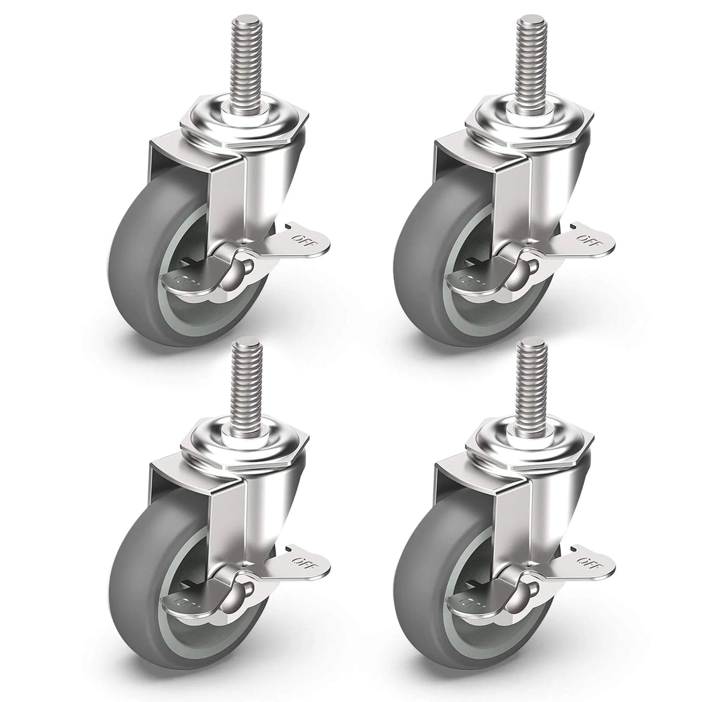 3 Inch Locking Caster Wheels Set of 4 with Threaded Stem 3/8-16 x 1-1/2, heavy duty swivel casters with side brake, gray rubber wheels