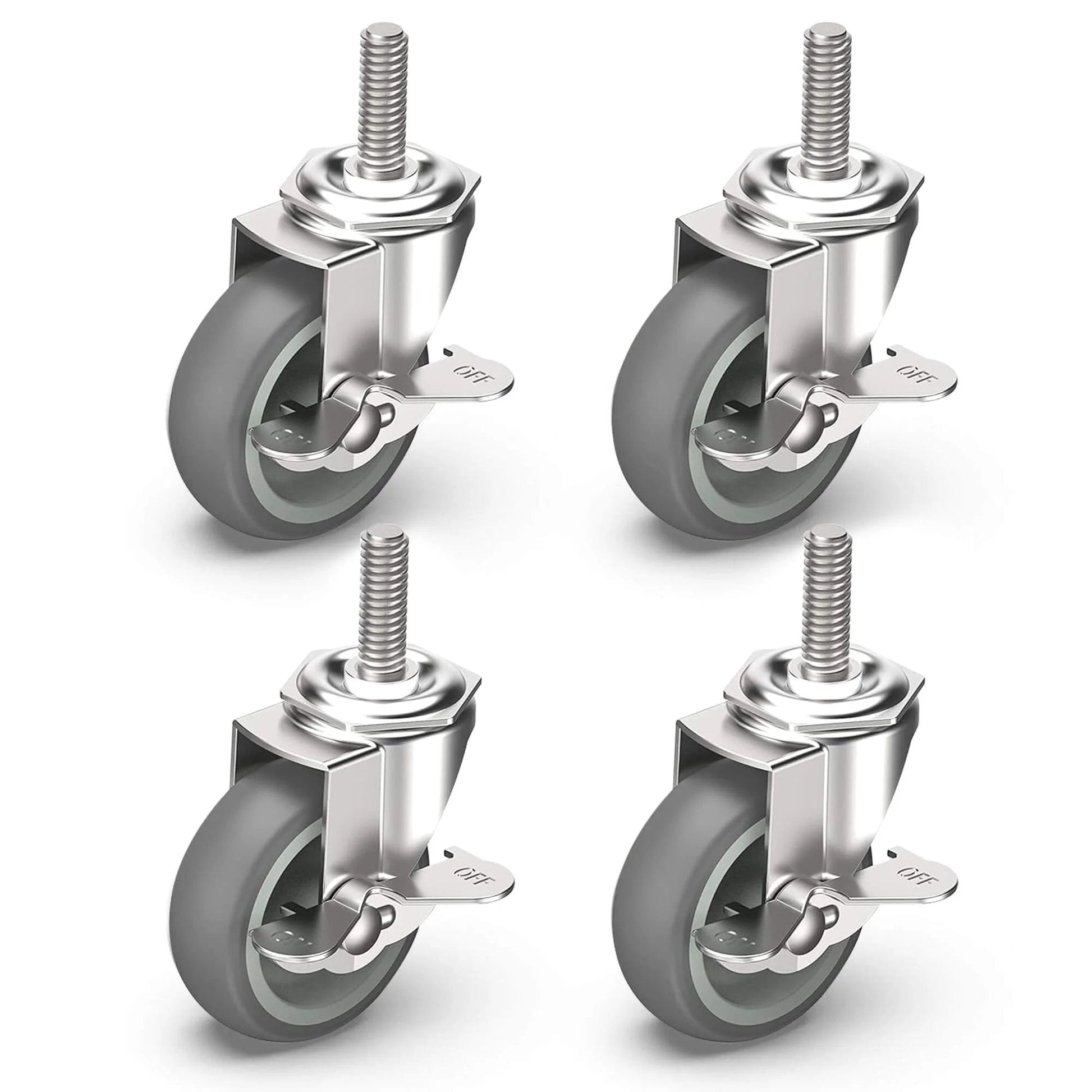 3 Inch Locking Caster Wheels Set of 4 with Threaded Stem 3/8-16 x 1-1/2, heavy duty swivel casters with side brake, gray rubber wheels