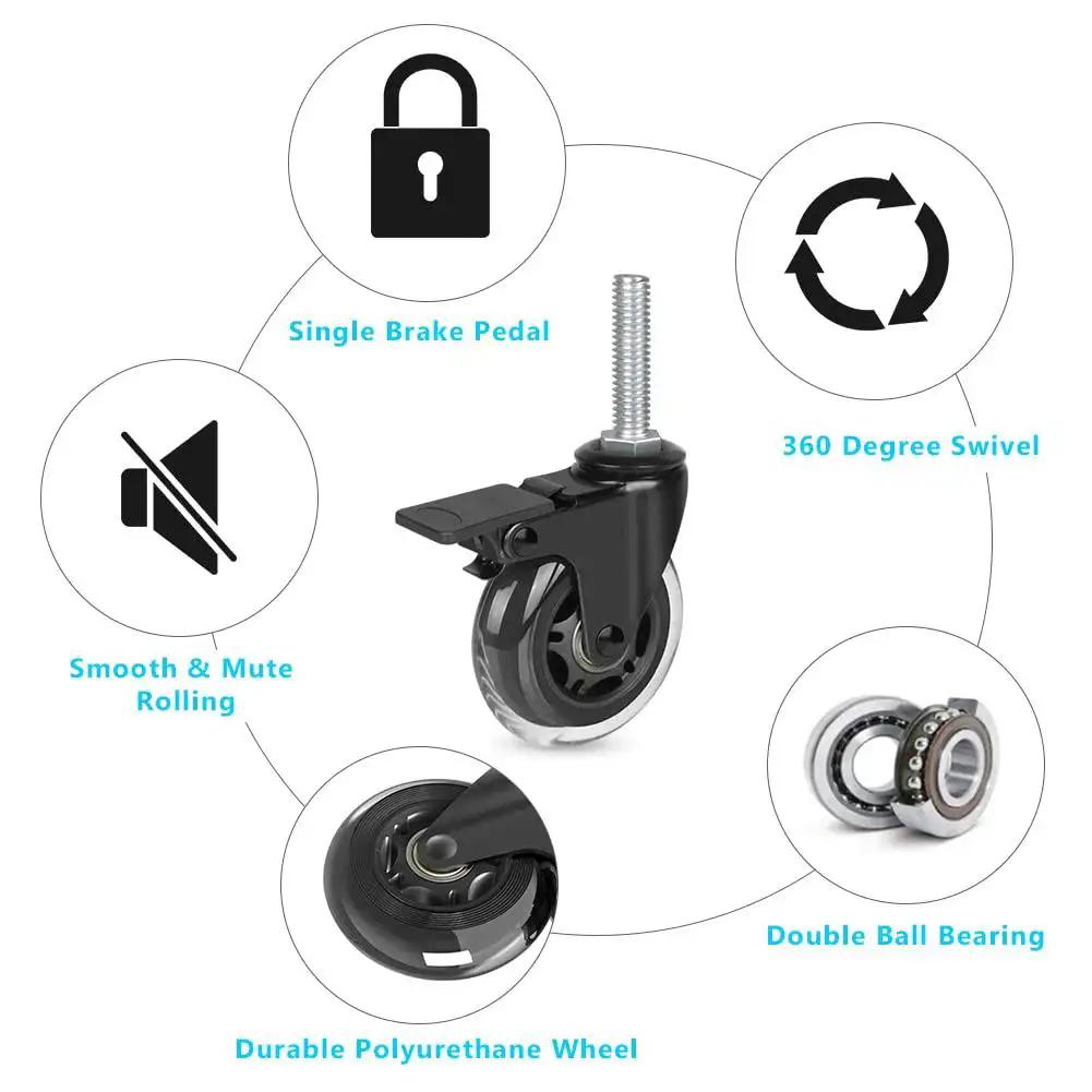 Three Eighths Inch 16 UNC Threaded Stem Locking Swivel Caster with brake, 360 swivel, 3-inch wheel, polyurethane, double ball bearing.
