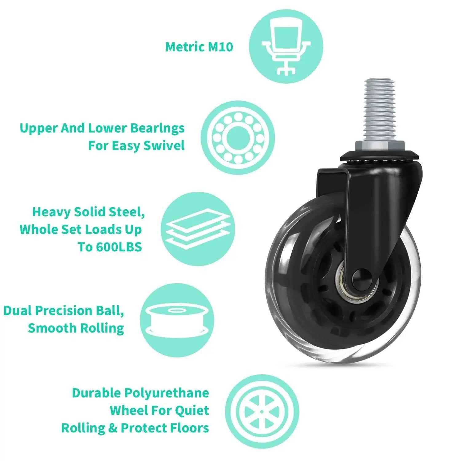 4 Pack Swivel Caster Wheels 3 Inch Heavy Duty With M10 Threaded Stem And Hex Lock Nuts Quiet Smooth Polyurethane Bearings