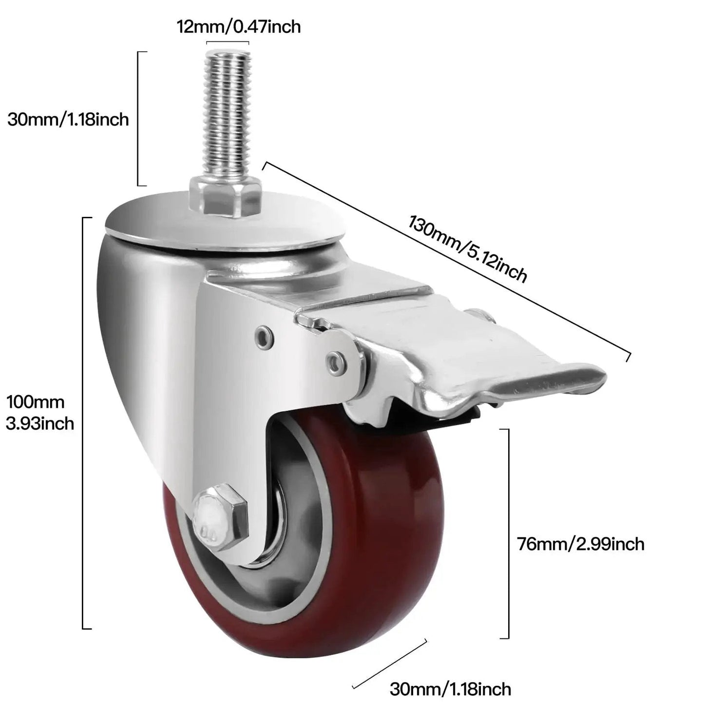 Heavy Duty PU Wheel Caster Set With 360 Degree Swivel Casters And Double Brakes, M12 Threaded Stem, 3 Inch.