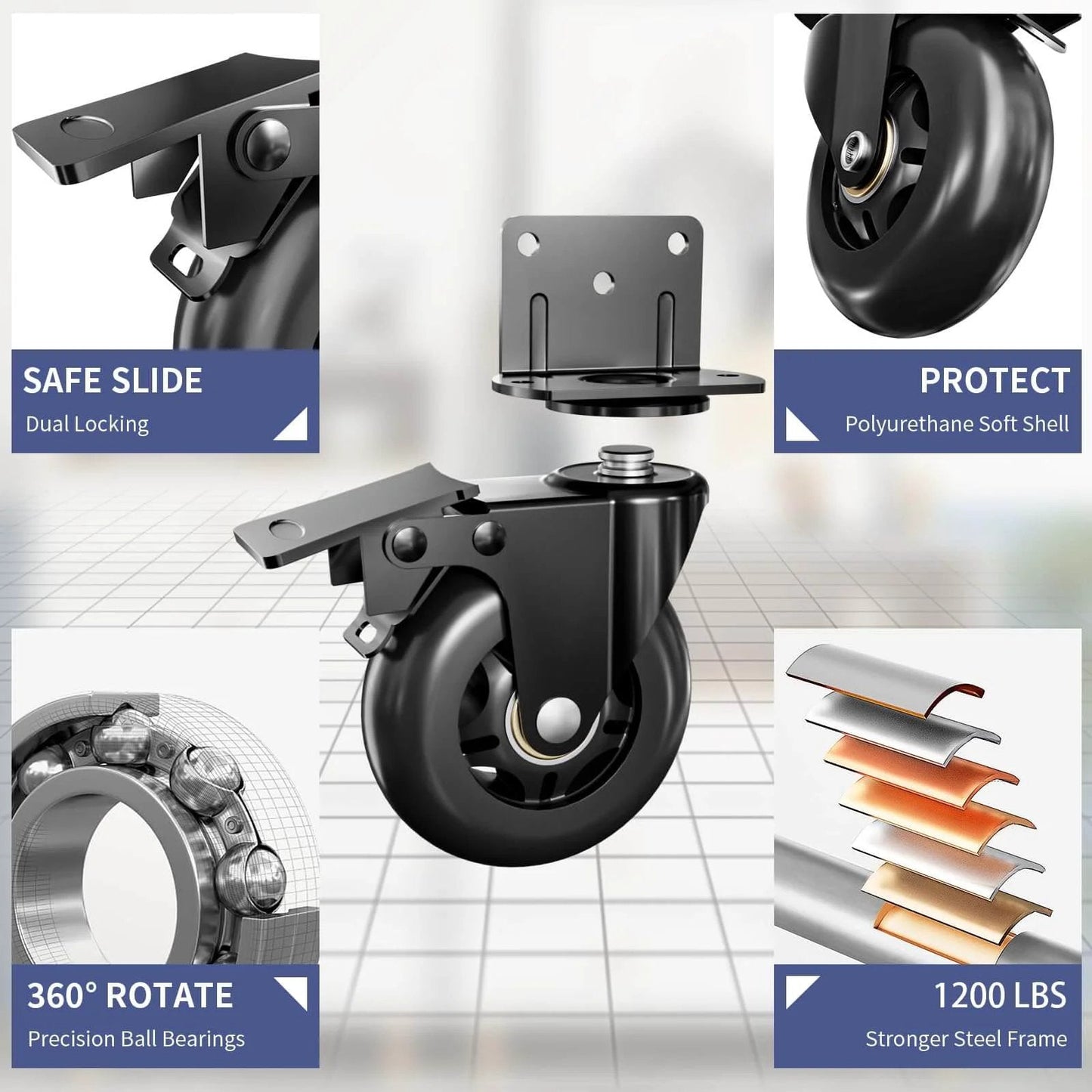 3 Inch Side Mount Plate Caster Wheels L Shaped Heavy Duty Set of 4 with Brake showcasing dual locking and steel frame features