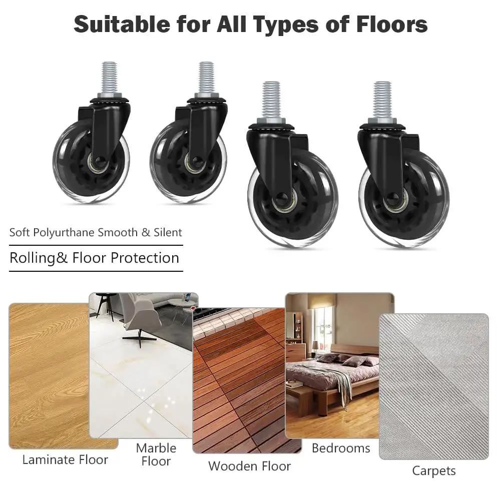 4 Pack Swivel Caster Wheels 3 Inch Heavy Duty With M10 Threaded Stem And Hex Lock Nuts shown on various floor types