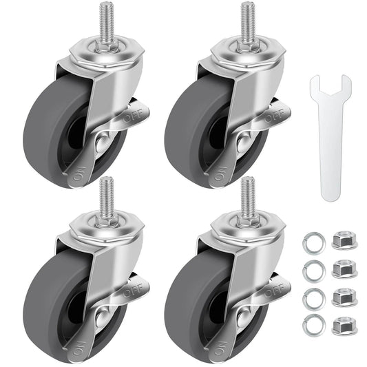 3 Inch Locking Swivel Stem Caster Wheels Set of 4 with 3/8-16 x 1 Threaded Stem, Rubber No Noise Casters, hardware included