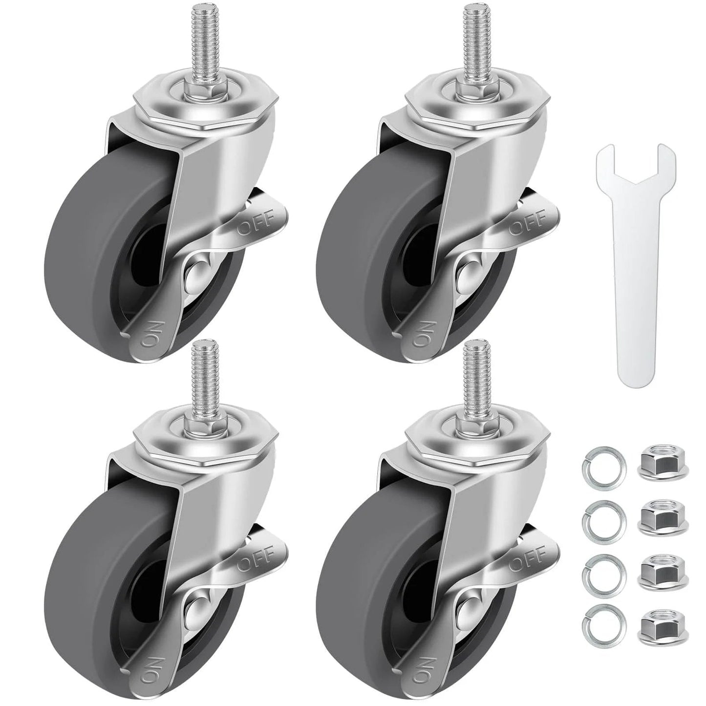 3 Inch Locking Swivel Stem Caster Wheels Set of 4 with 3/8-16 x 1 Threaded Stem, Rubber No Noise Casters, hardware included