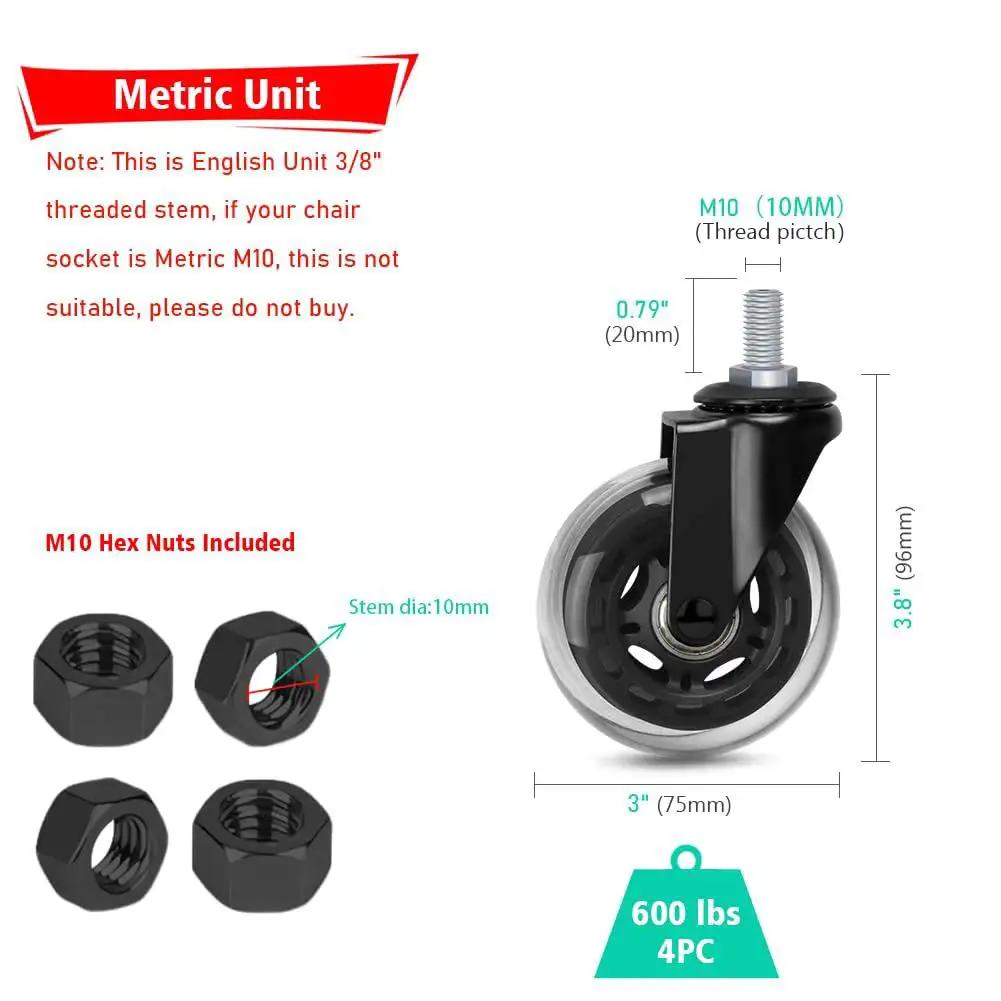Diagram showing 4 Pack Swivel Caster Wheels 3 Inch Heavy Duty With M10 Threaded Stem And Hex Lock Nuts with specifications.
