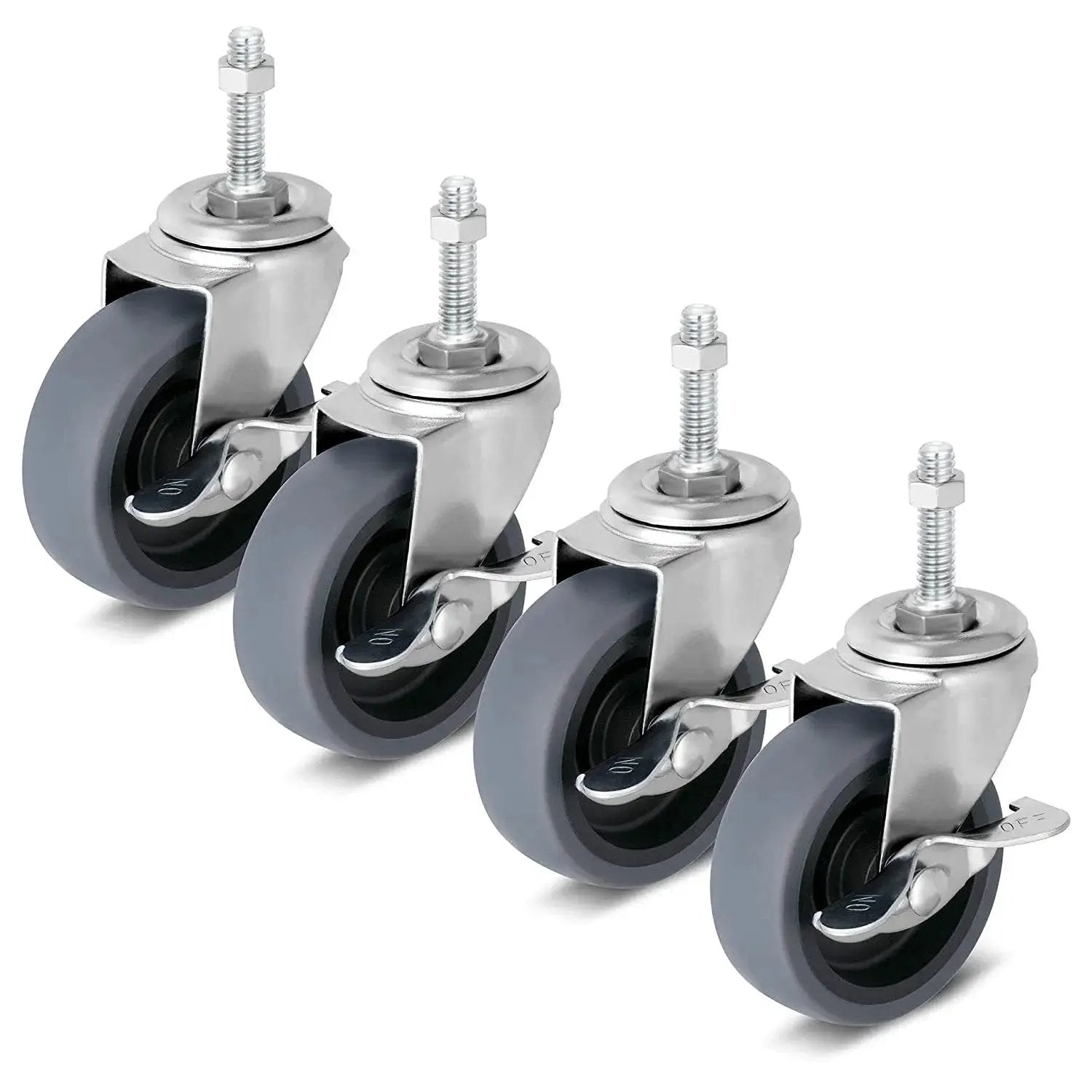 Locking Stem Caster Wheels Set Of Four Three Inch Heavy Duty Swivel Castors With Five Sixteenth Inch Stem Diameter