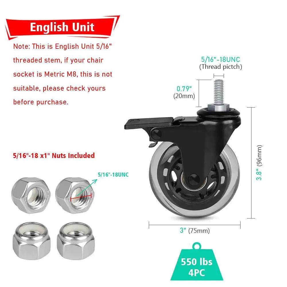 3 Inch Threaded Stem Caster Wheels Set Of 4 With Brakes Heavy Duty Swivel Casters 5/16-18 UNC For Workbenches Trolleys