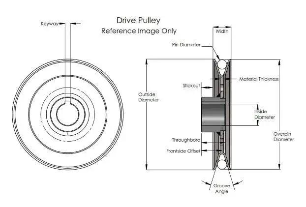 Technical diagram of heavy duty three inch V groove drive pulley with five eighths inch bore for four L A belts in machinery use.