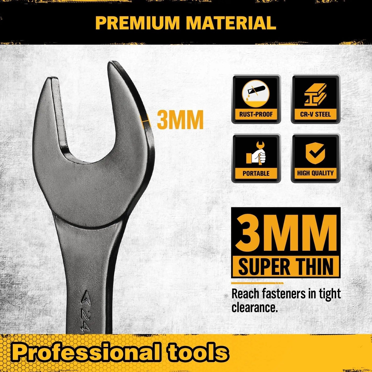 3mm ultra-thin jaw of Ultra Slim 19 Piece Open End Wrench Set with CR-V steel, rust-proof and portable features shown.