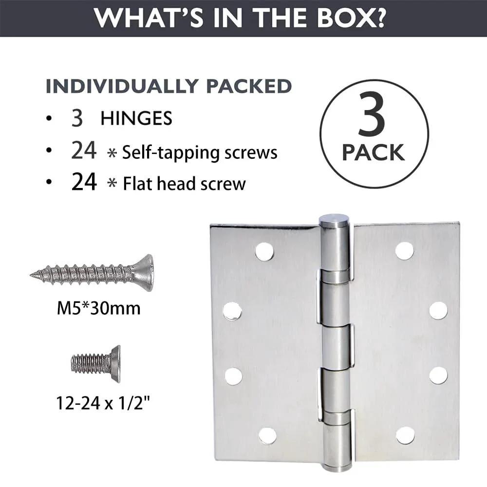 3-Pack Heavy Duty Commercial Door Hinge shown with included screws, featuring Silent Steel Plain Bearing, 4.5x4.5 inch, 3 mm thickness.