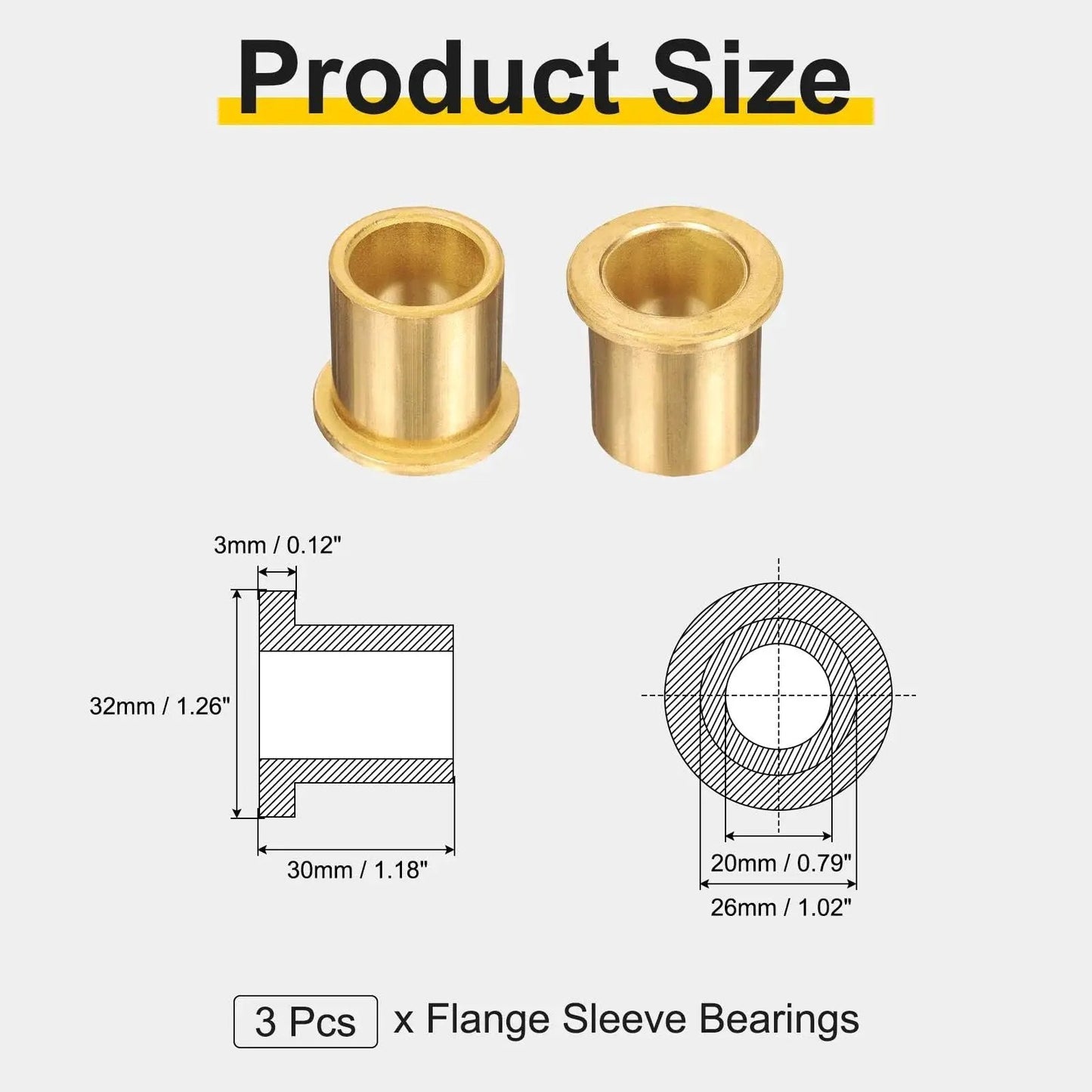 Image showing 3 Pcs Flange Sleeve Bearings With 20mm Bore, 26mm Outer Diameter, 30mm Length, 32mm Flange Diameter And 3mm Flange Thickness.