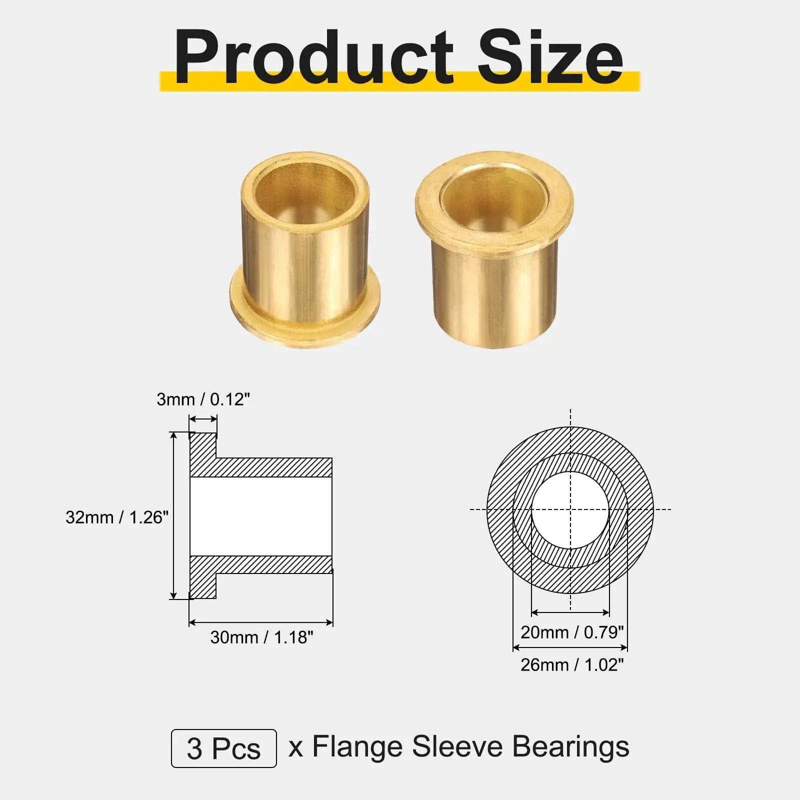 Image showing 3 Pcs Flange Sleeve Bearings With 20mm Bore, 26mm Outer Diameter, 30mm Length, 32mm Flange Diameter And 3mm Flange Thickness.