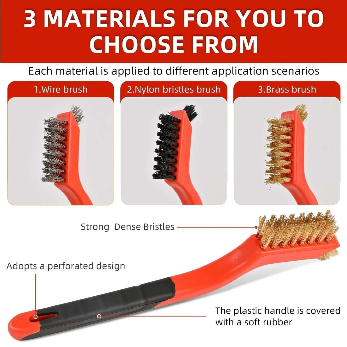 3pcs Wire Brushes for Cleaning Rust, Upgrade Wire Brush Set - Brass/Stainless Steel/Nylon Bristles with Curved Handle Grip