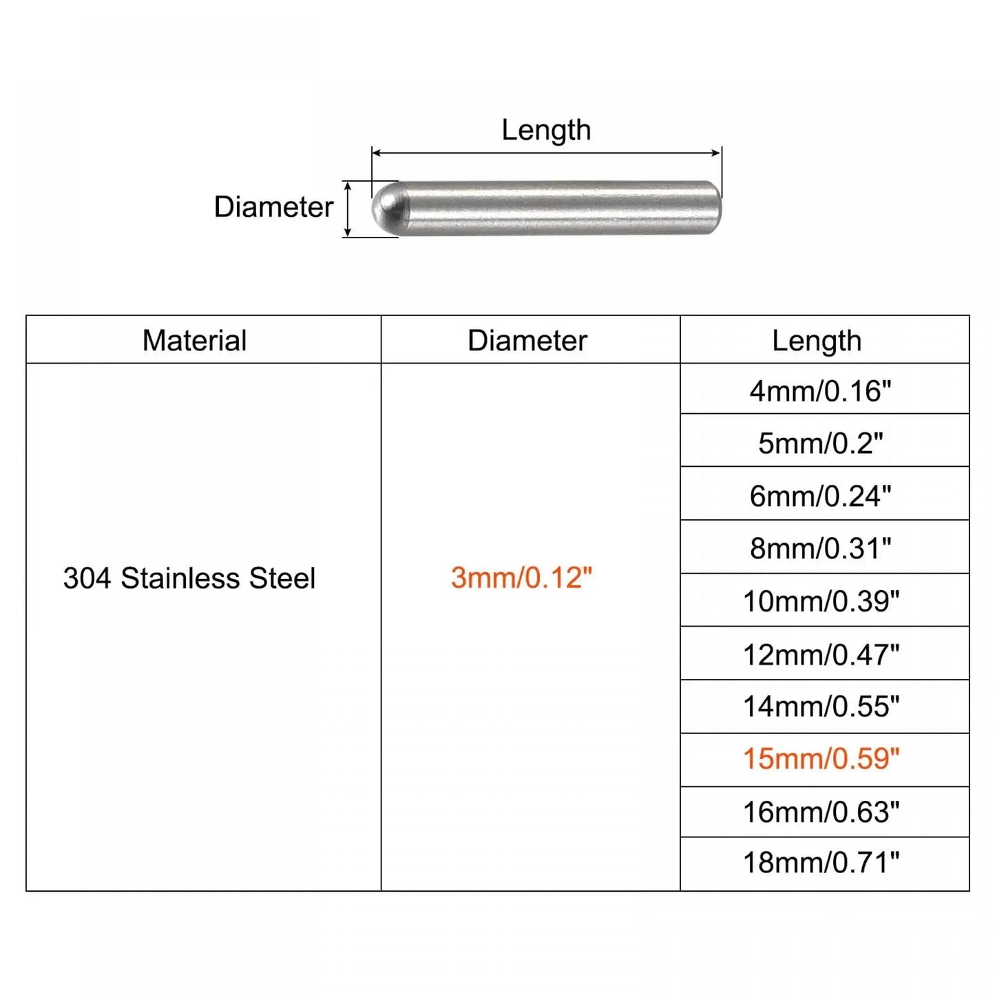 Diagram of 3x15mm Dowel Pins Set 50 Pcs 304 Stainless Steel Round Head Flat Chamfered End, highlighting dimensions