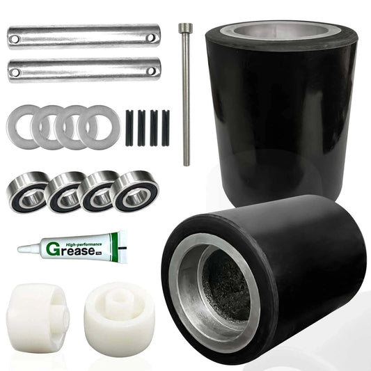 Pallet jack load wheels full set 3 x 3.75 inch with axles and entry exit rollers, black polyurethane load wheels kit with 20mm ID bearings