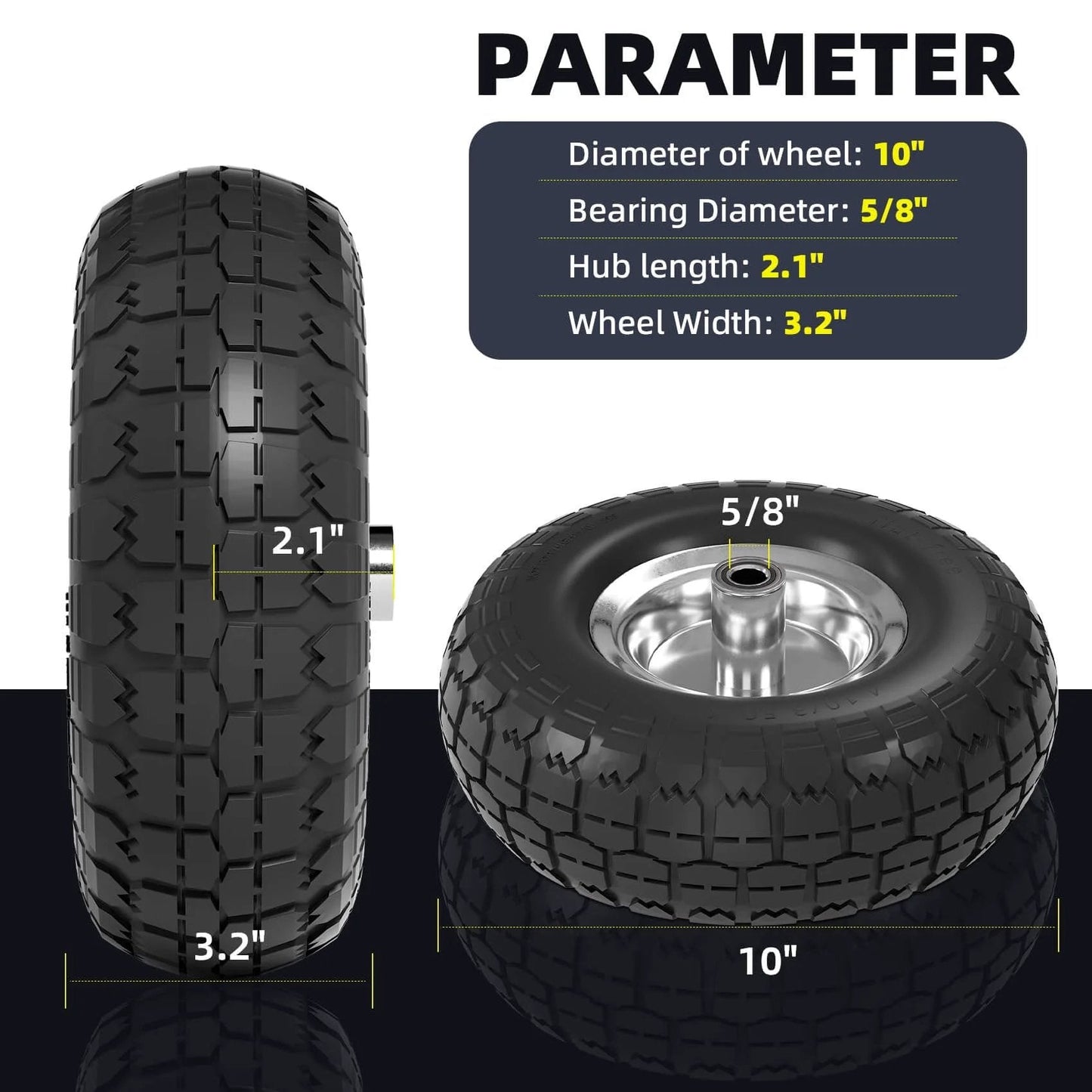 4.10/3.50-4 Flat Free Tire and Wheel Set of 4 with 10 inch solid rubber construction, showing dimensions and features.