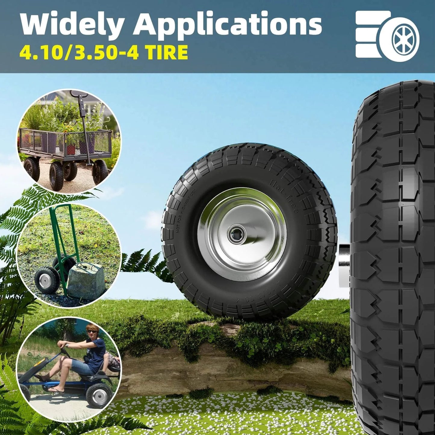 4.10/3.50-4 Flat Free Tire and Wheel Set of 4 showcasing solid rubber tire with iron hub for garden carts and dollies.