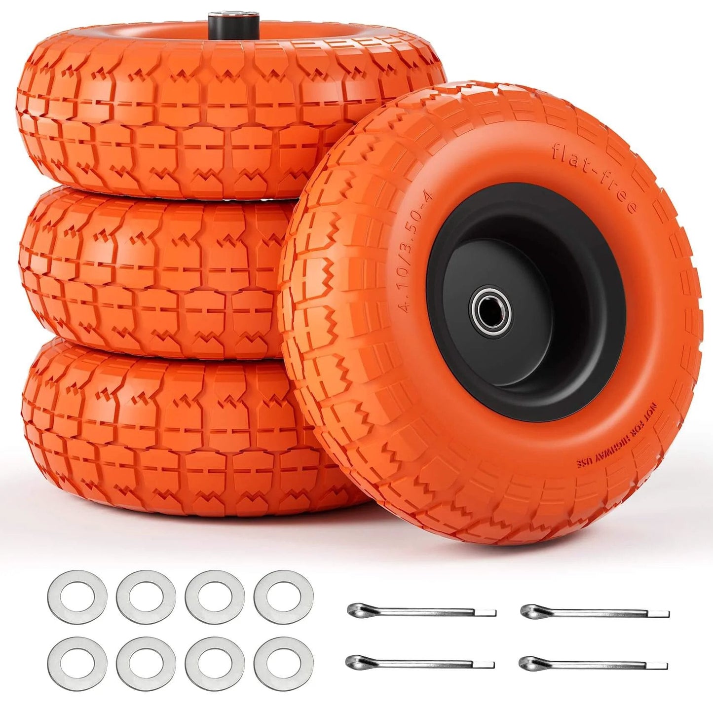 4.10 3.50-4 Flat Free Tire and Wheel Set of 4 with 10 inch solid urethane construction and iron hub visible from front view.
