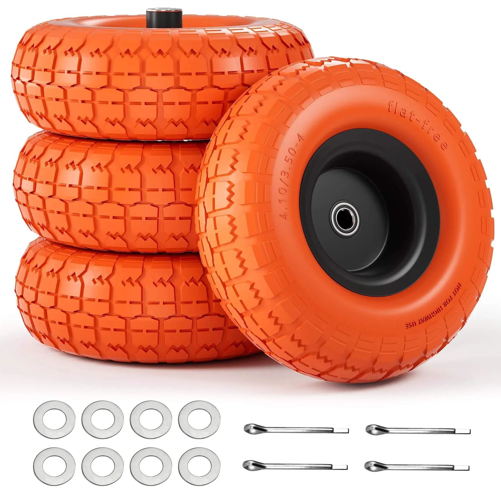 4.10 3.50-4 Flat Free Tire and Wheel Set of 4 with 10 inch solid urethane construction and iron hub visible from front view.