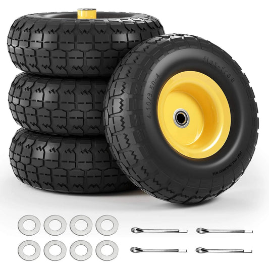 4.10/3.50-4 Flat Free Tire and Wheel Set of 4 with solid yellow wheels and black tires, ideal for hand trucks and wheelbarrows.