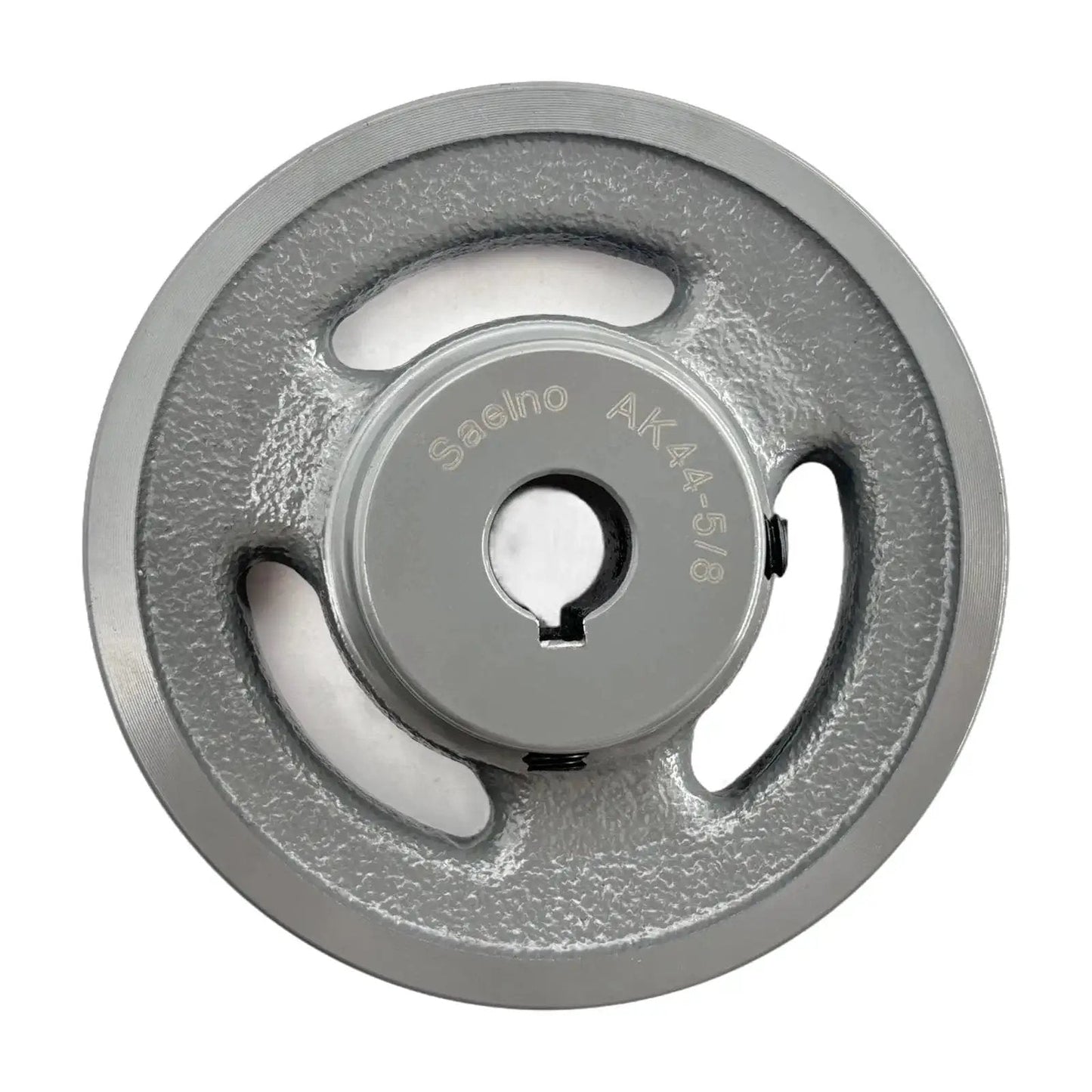Front view of 4.25 Inch V Belt Pulley for 5/8 Inch Bore Shaft, One Groove, Cast Iron, AK4458 Pulley by Saelno, anti-rust finish and precision-milled.