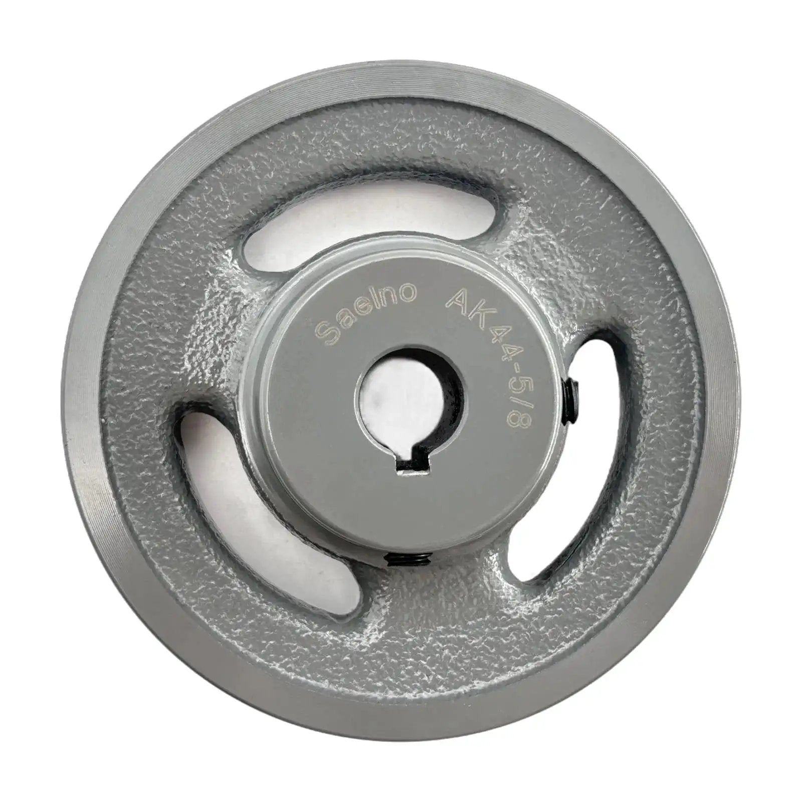 Front view of 4.25 Inch V Belt Pulley for 5/8 Inch Bore Shaft, One Groove, Cast Iron, AK4458 Pulley by Saelno, anti-rust finish and precision-milled.