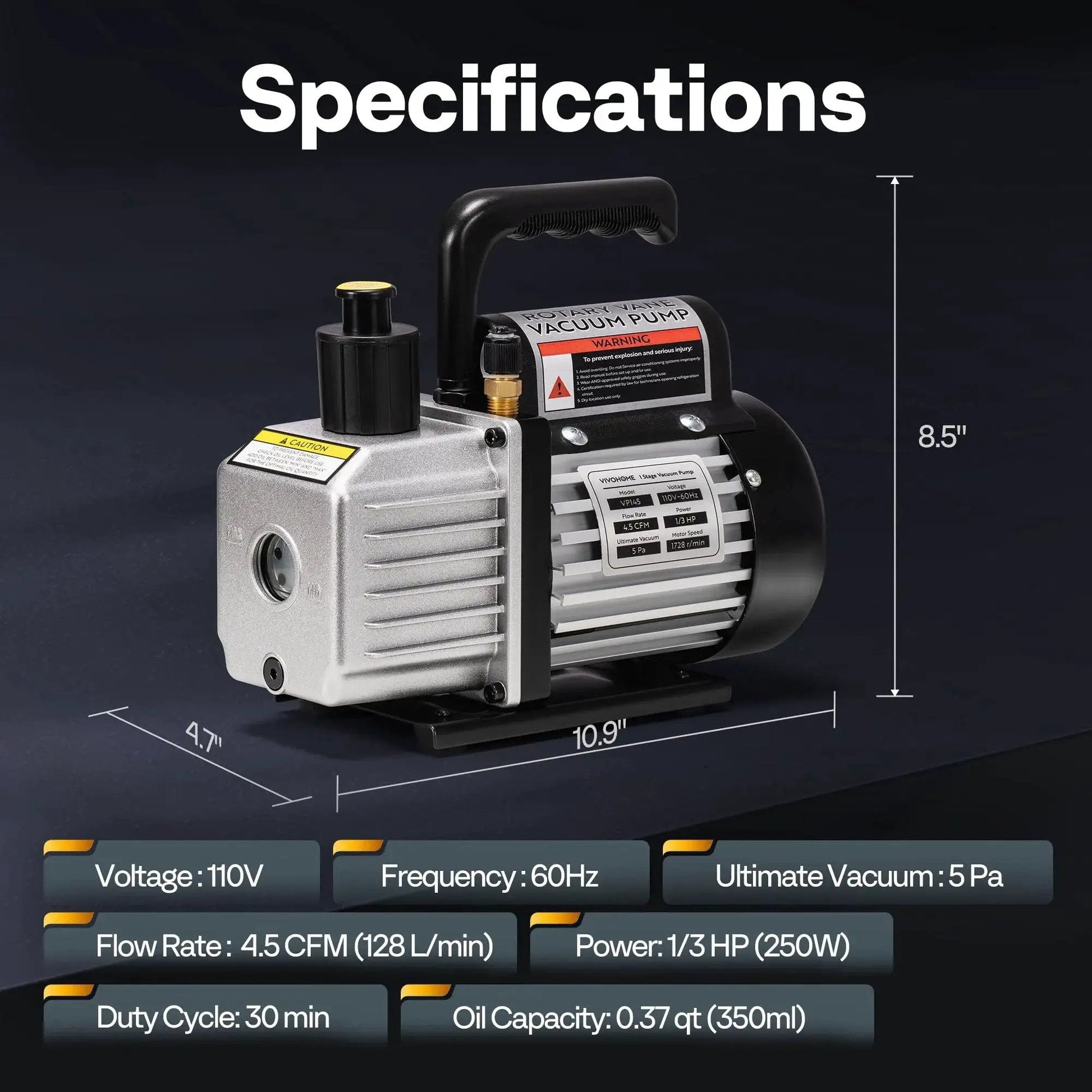 Pro Grade 4.5 CFM HVAC Vacuum Pump For R134a R12 R22 R410a Systems displayed with specifications and dimensions