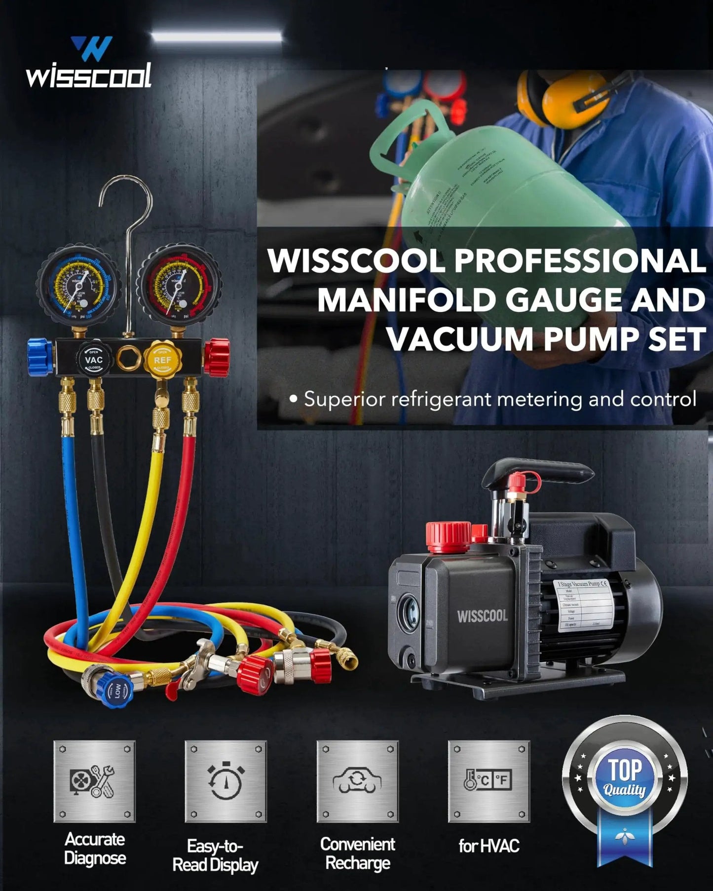 Wisscool Four Point Five CFM 110V One Third HP AC Vacuum Pump With 4 Way Gauge Kit for HVAC and Refrigeration with hoses and manifold