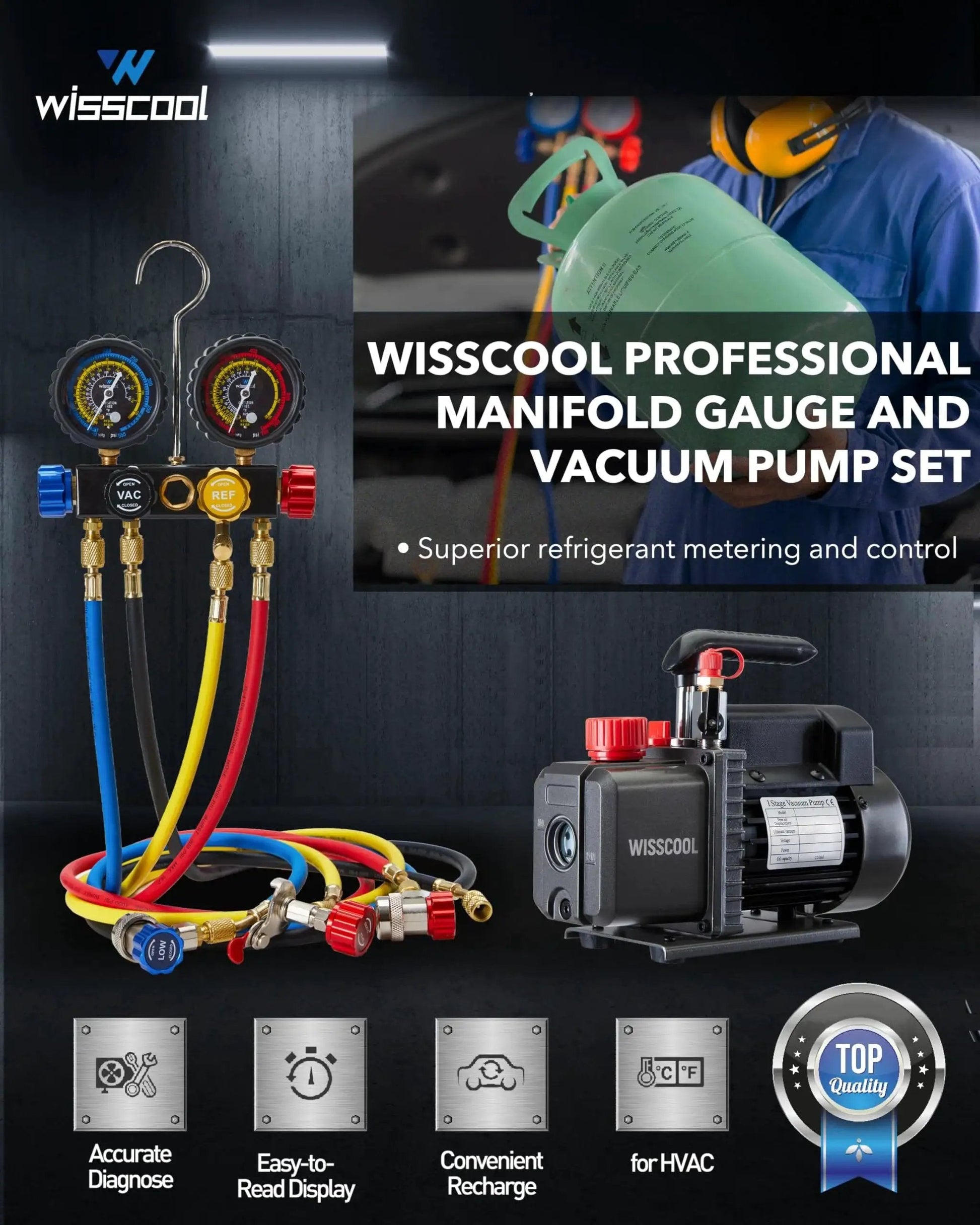 Wisscool Four Point Five CFM 110V One Third HP AC Vacuum Pump With 4 Way Gauge Kit for HVAC and Refrigeration with hoses and manifold