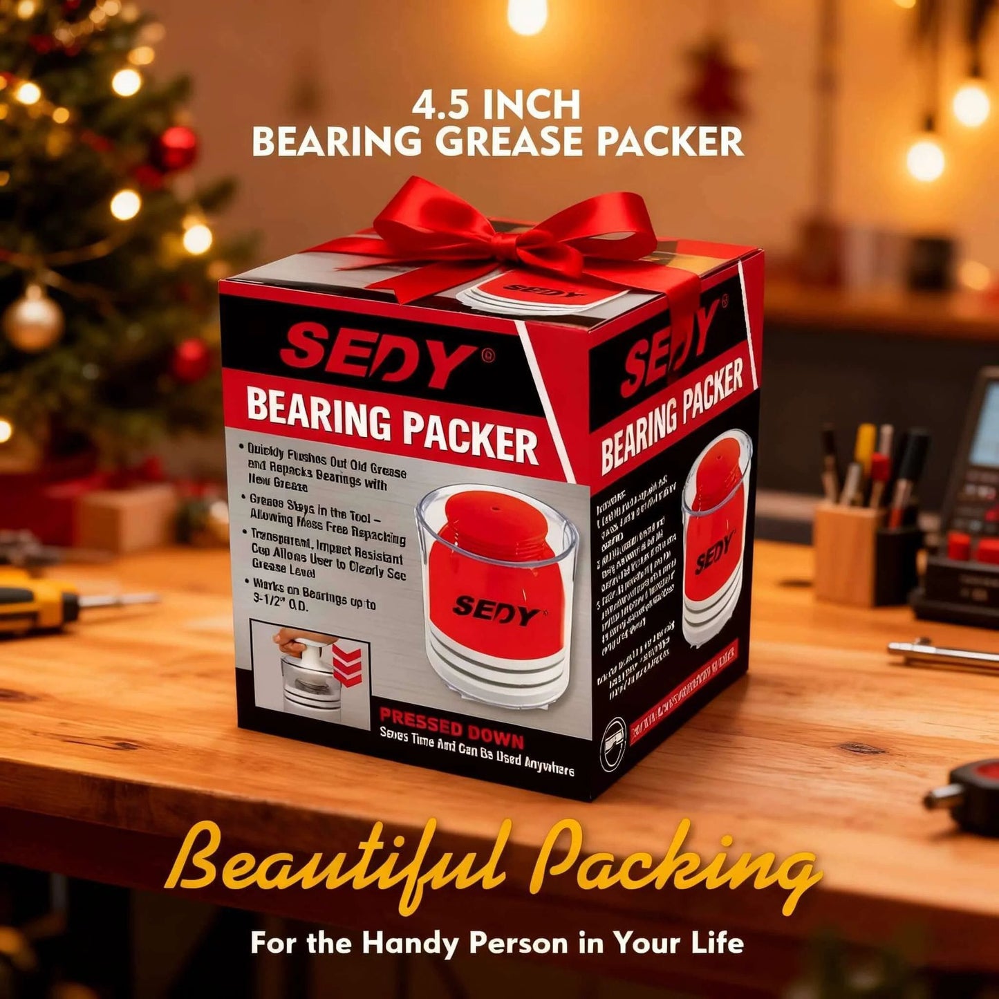 4.5-inch Premium Bearing Packer Kit in festive packaging on a workbench, Handy Wheel Bearing Packer Tool Portable Wheel Bearing Grease Packer