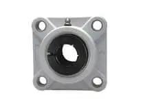 Front view of Single 4-Bolt Flange Ball Bearing 2 in I.D. Accu-Loc locking concentric collar white polymer housing contact seal
