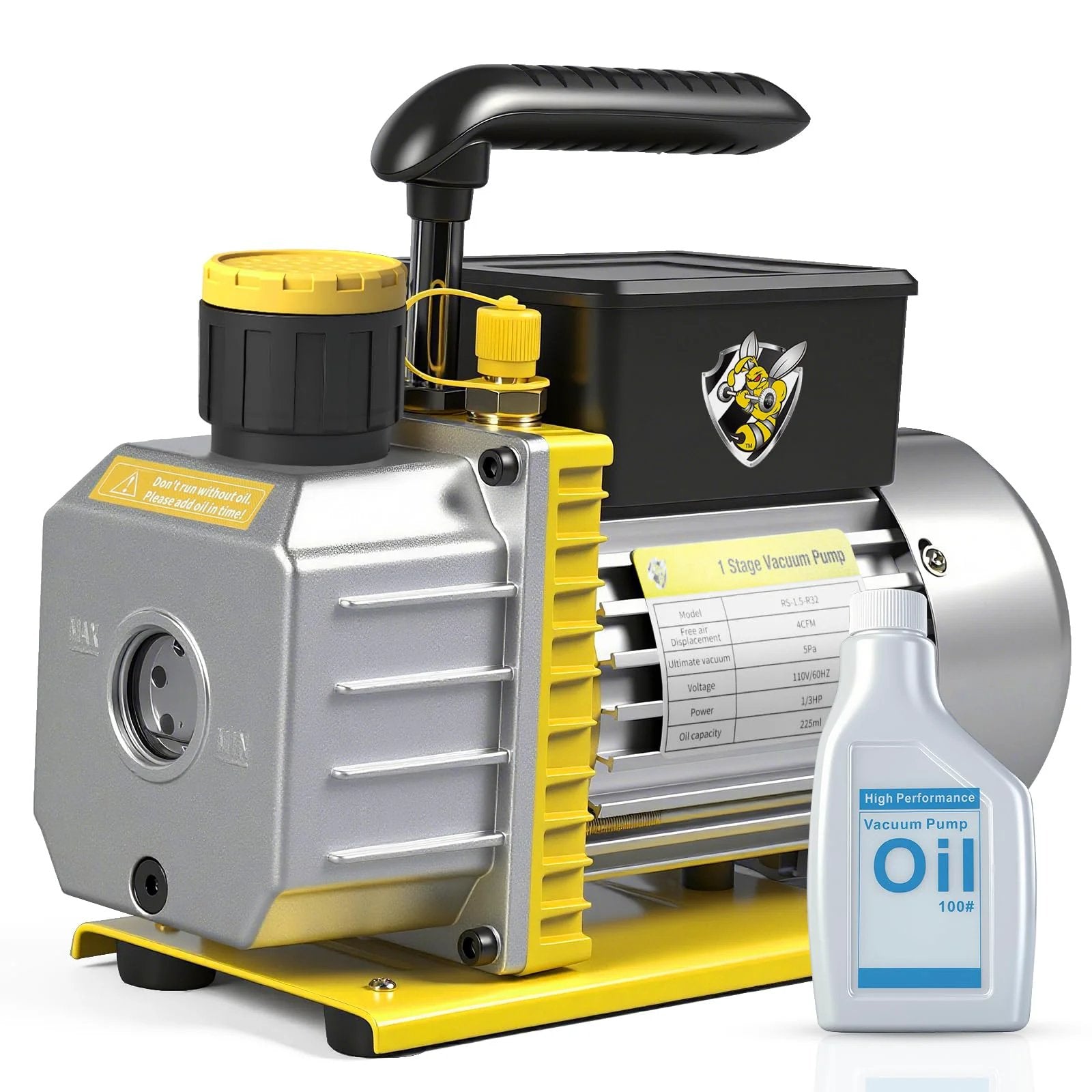 4 CFM 110V One Third HP Single Stage Rotary Vane Vacuum Pump for R12 R22 R134a R410a R502 R32 R1234yf Systems with oil bottle.