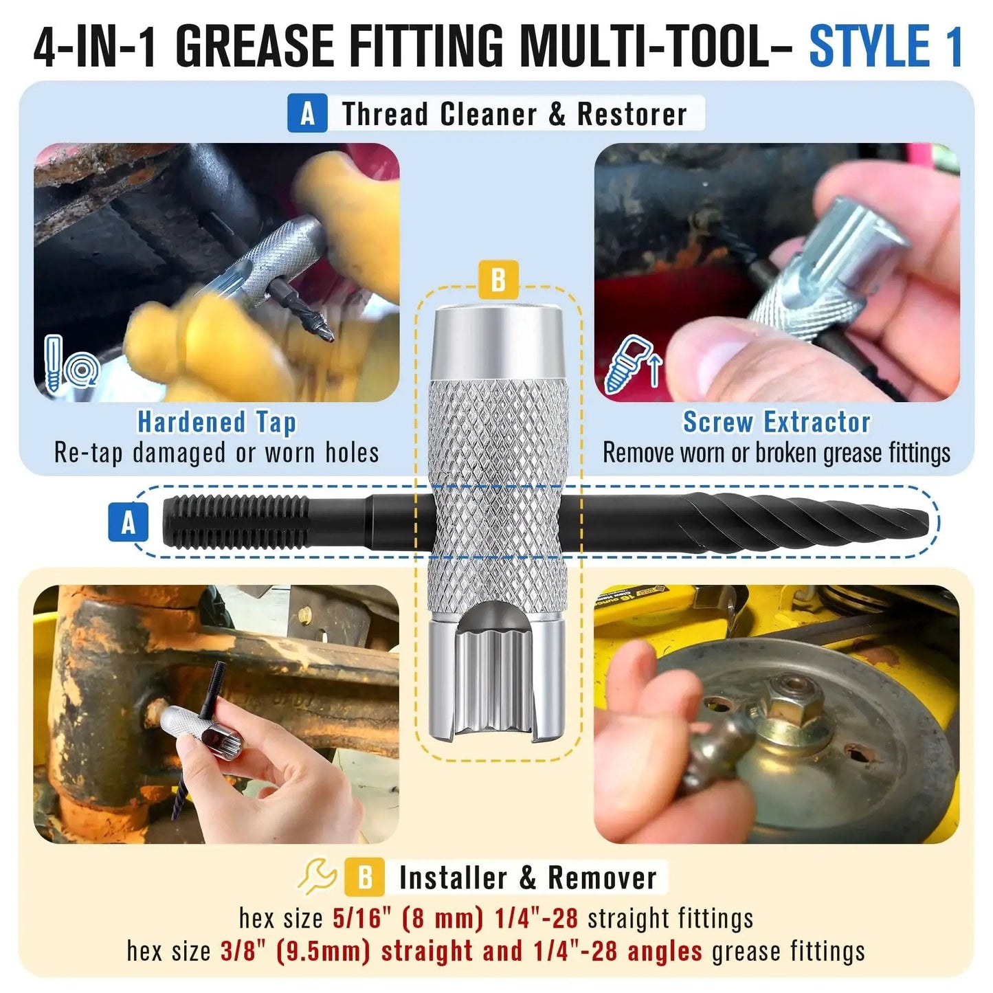 All In One Grease Zerk Fitting Tool Set for Install Remove Rethread with Removal Tool fits SAE and NPT sizes