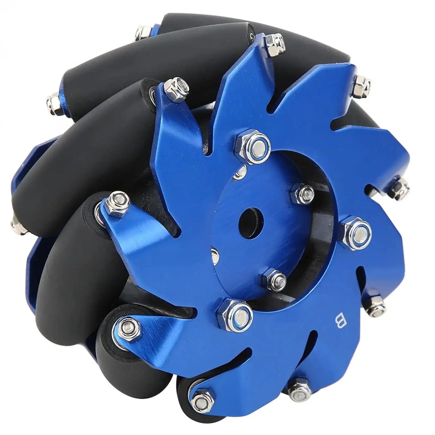 4-inch aluminum mecanum wheel with dual bearings and TPU rubber rollers, blue finish, for DIY robots, omni-directional movement.