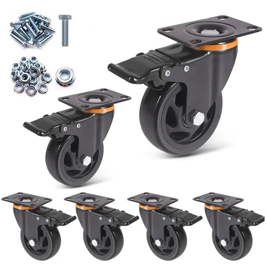 4 Inch Swivel Caster Wheels Set Of 6 With Brakes Heavy Duty Polyurethane Locking Casters For Cart Workbench And Trolley Load Capacity 2400 Lbs Non Marking Quiet Wheels For Flooring Durable Steel Plate