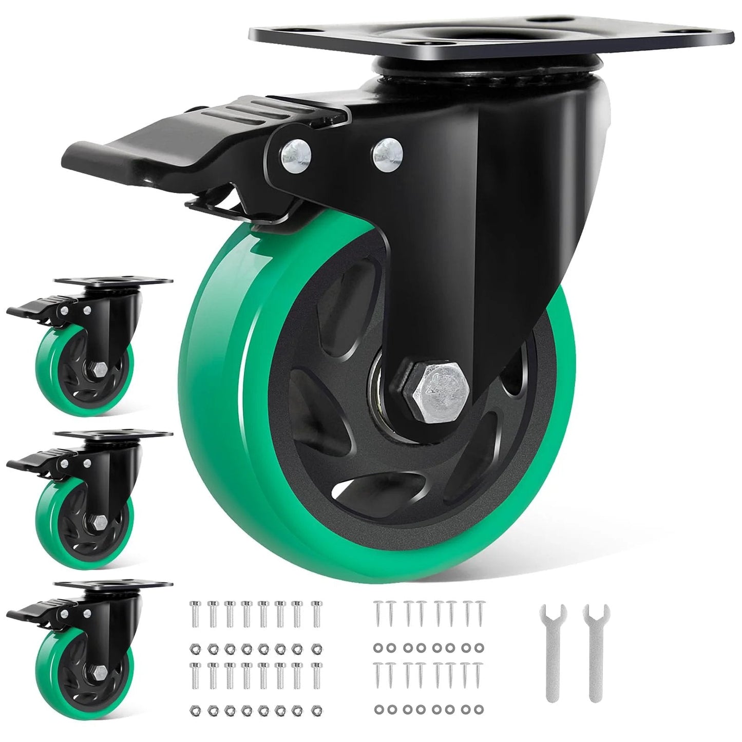 4 Inch Swivel Plate Caster Wheels Set of 4 Heavy Duty 1800 Lbs Total Capacity with Brakes Polyurethane Casters for Workbench and Cart Green Finish Includes Screws Steel Top Plate and Double Ball Bearings
