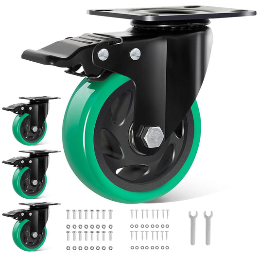 4 Inch Swivel Plate Caster Wheels Set of 4 Heavy Duty 1800 Lbs Total Capacity with Brakes Polyurethane Casters for Workbench and Cart Green Finish Includes Screws Steel Top Plate and Double Ball Bearings
