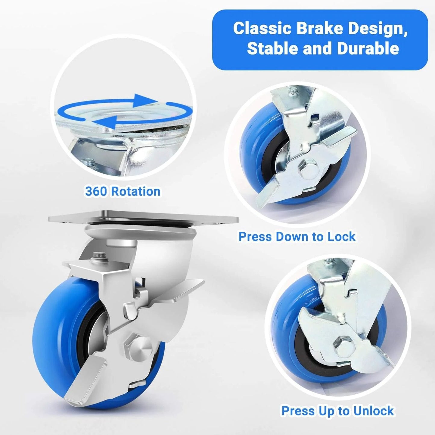4 Inch Heavy Duty Casters with smooth rolling PU wheels, classic brake design, and non-marking performance in 360 rotation view
