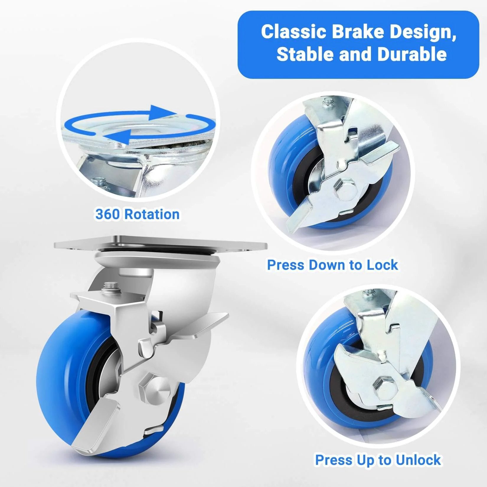 4 Inch Heavy Duty Casters with smooth rolling PU wheels, classic brake design, and non-marking performance in 360 rotation view