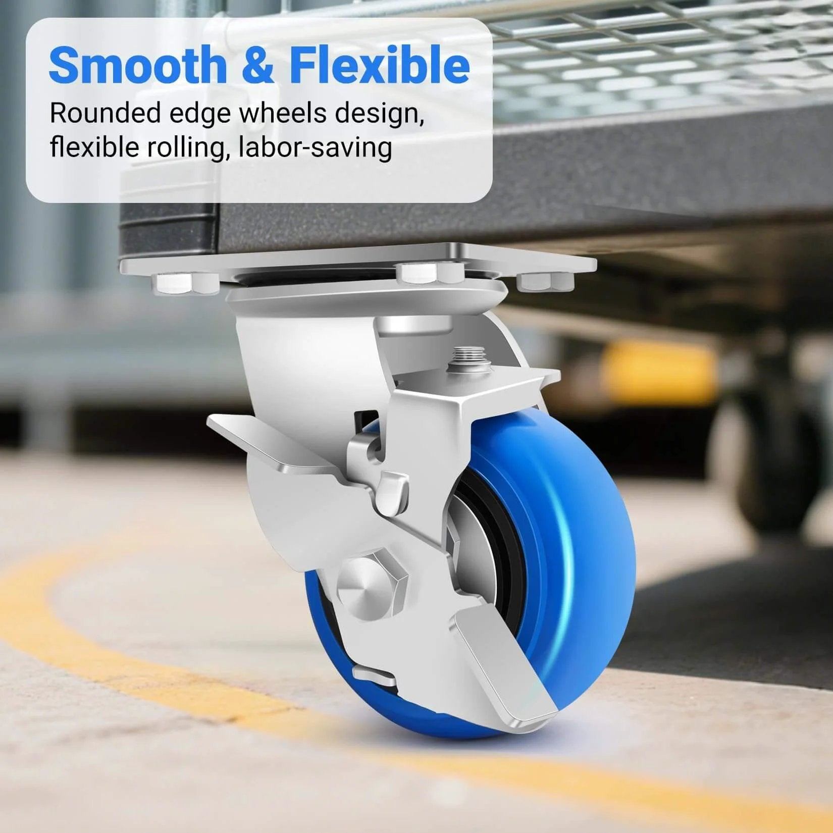 4 Inch Heavy Duty Casters with smooth rolling PU wheels, industrial grade design showing upgraded thickened bracket and blue wheel