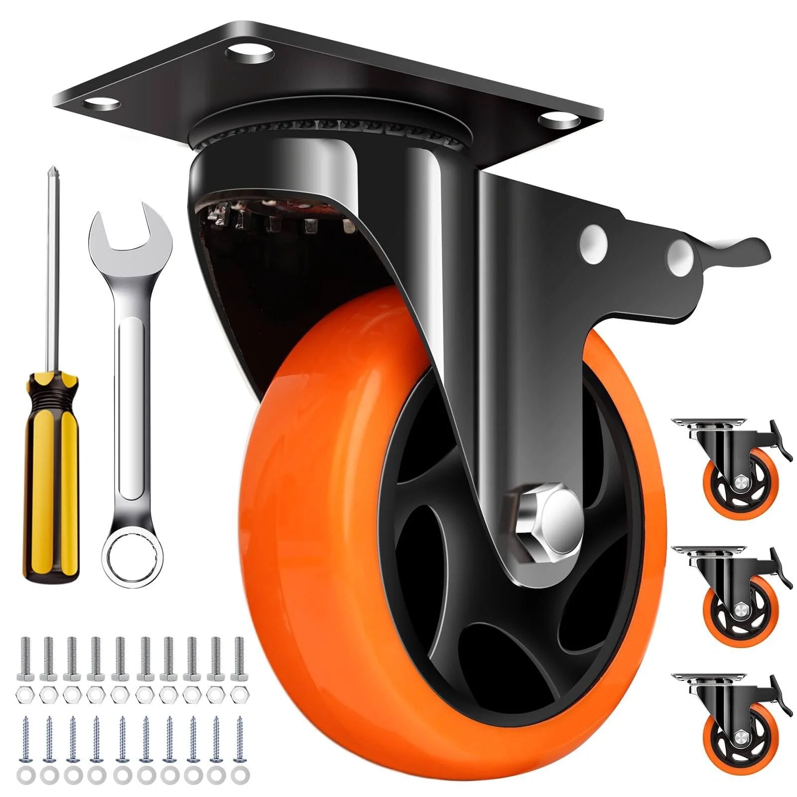 4 inch heavy duty caster wheels set of 4 with 2400 lb total capacity silent industrial swivel casters with locking brakes non marking polyurethane wheels for carts workbenches trolleys machinery & furniture easy install hardware included