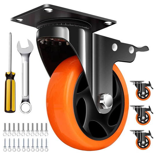 4 inch heavy duty caster wheels set of 4 with 2400 lb total capacity silent industrial swivel casters with locking brakes non marking polyurethane wheels for carts workbenches trolleys machinery & furniture easy install hardware included