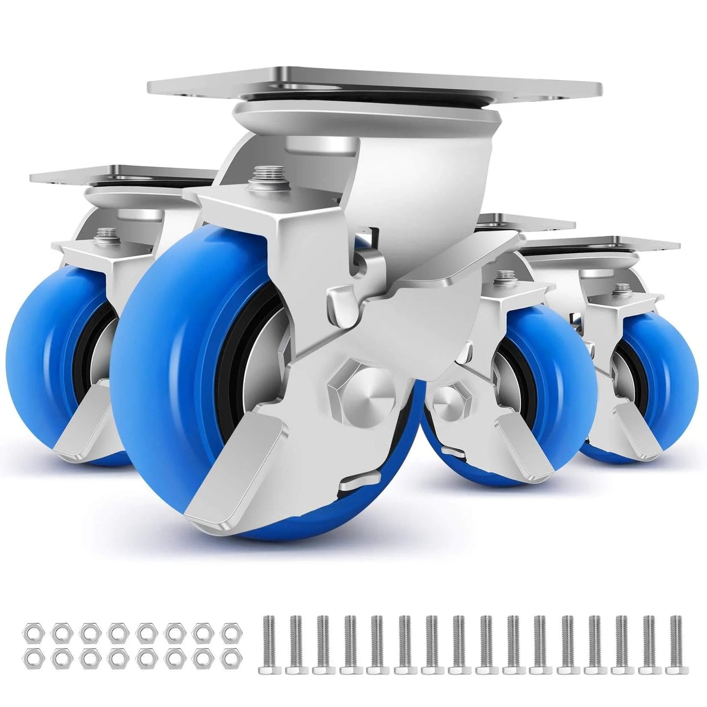 Set of 4 Inch Heavy Duty Casters with smooth rolling PU wheels, industrial grade design rated at 2500 lbs total, with brakes
