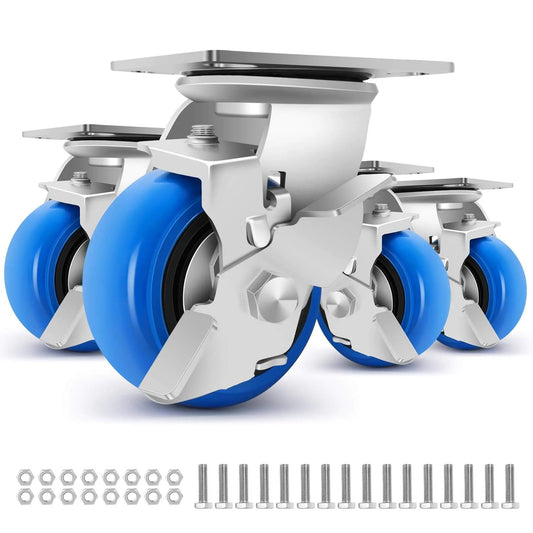 Set of 4 Inch Heavy Duty Casters with smooth rolling PU wheels, industrial grade design rated at 2500 lbs total, with brakes