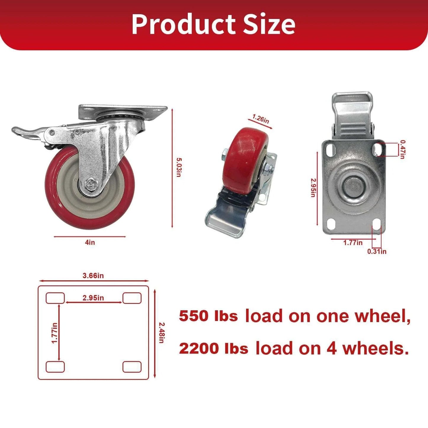8 piece 4 inch heavy duty locking swivel casters with brakes, set designed for carts and workbenches with a 2200 lb load capacity size diagram.