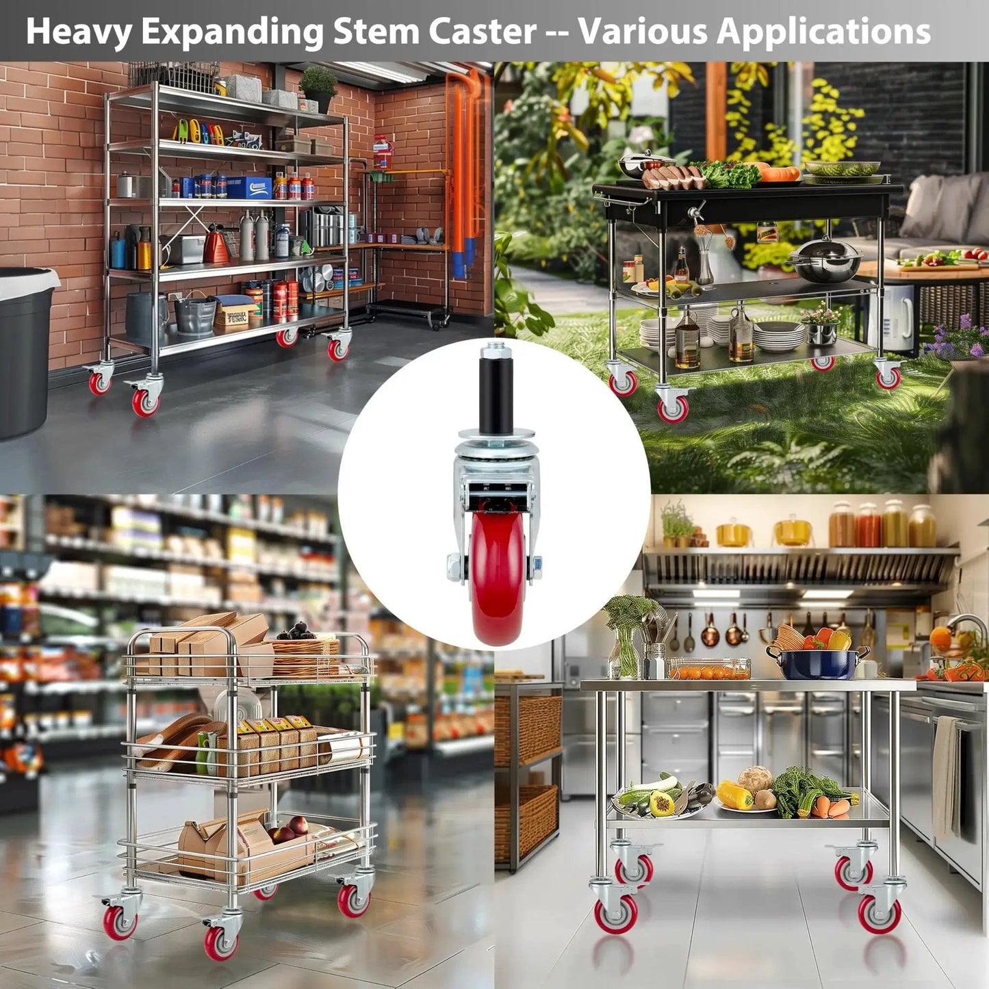 4 Inch Prep Table Caster Wheels Set Of 4, Heavy Duty Expanding Stem Casters For Stainless Steel Furniture Legs, with Brakes.