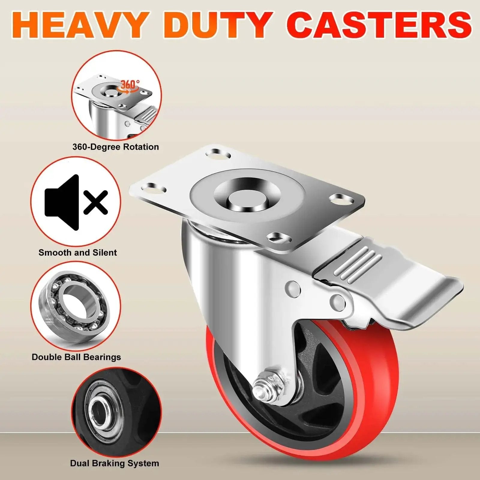 4 Inch Industrial Caster Wheels With Brake Set Of 4 Heavy Duty 2200 Lb Capacity 360 Degree Swivel For Carts Workbenches And Furniture
